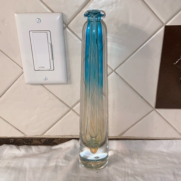 Unique hand blown oil lamp blue and light yelllow glass decorative - Picture 1 of 9